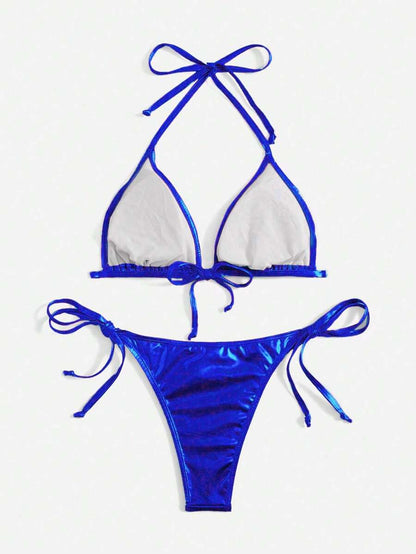 Swim Vcay Solid Color Halter Twist Split Bikini Set For Summer Beach Vacation
