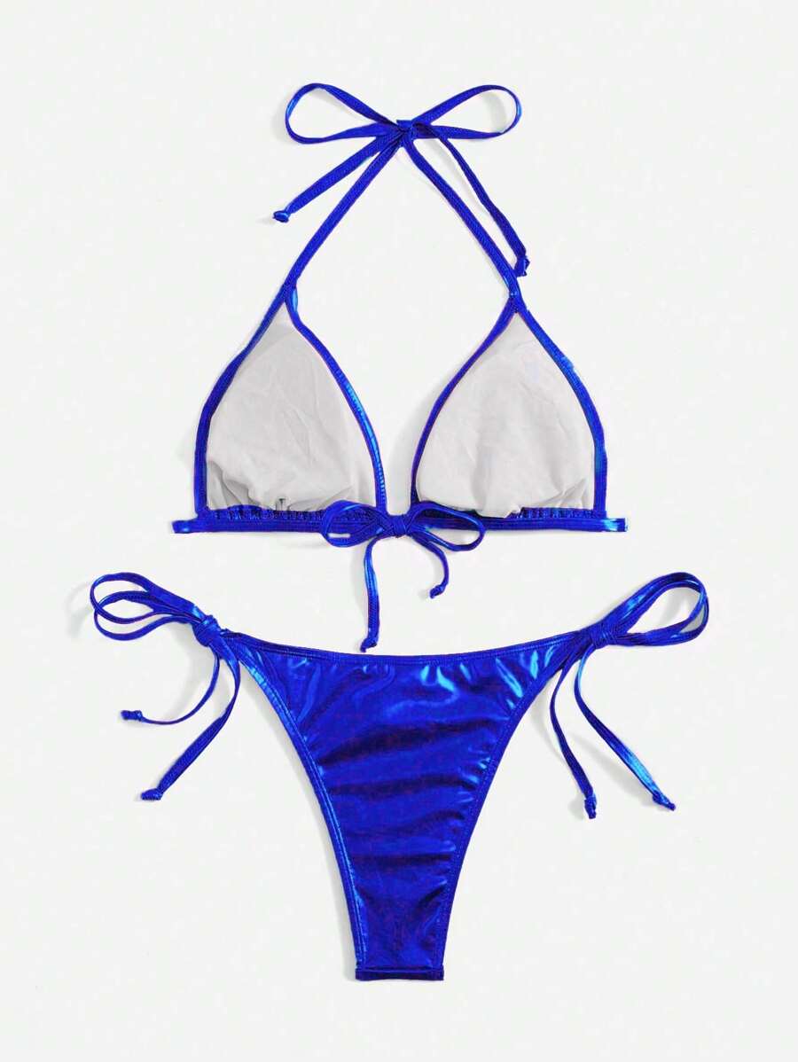 Swim Vcay Summer Beach Metallic Halter Triangle Tie Side Bikini Set