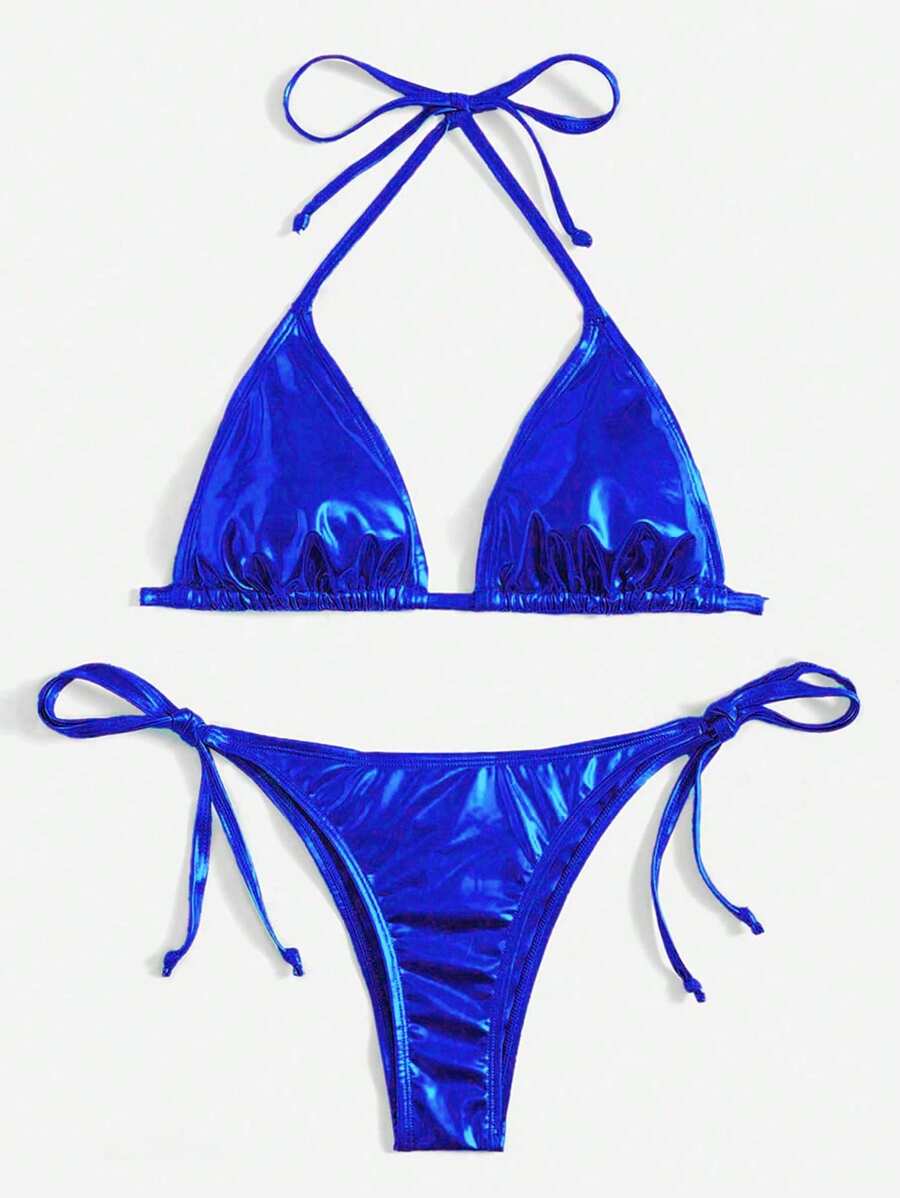 Swim Vcay Solid Color Halter Twist Split Bikini Set For Summer Beach Vacation