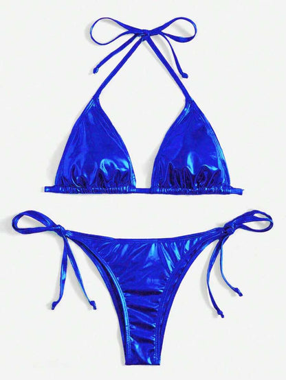 Swim Vcay Solid Color Halter Twist Split Bikini Set For Summer Beach Vacation