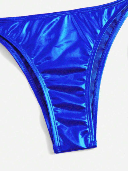 Swim Vcay Solid Color Halter Twist Split Bikini Set For Summer Beach Vacation