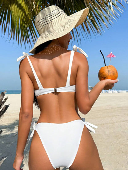Swim Vcay Summer Beach Solid Color Bikini Set With Underwire And Lace-Up Detail