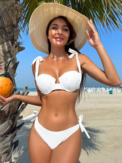 Swim Vcay Summer Beach Women's Solid Color Pleated Bikini Set
