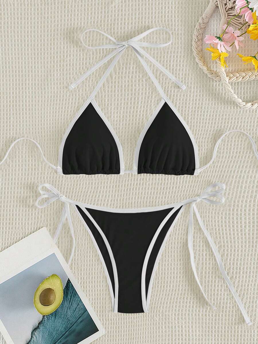 Swim Vcay Women's Summer Beach Contrast Color Halter Tie Sexy Bikini And Triangle Panty Swimwear Set Blue Bikini Yacht Party Outfit Vacation Bikini Boat Party Outfit Women Tie Side Bikini Triangle Bikini Set Light Blue Bikini