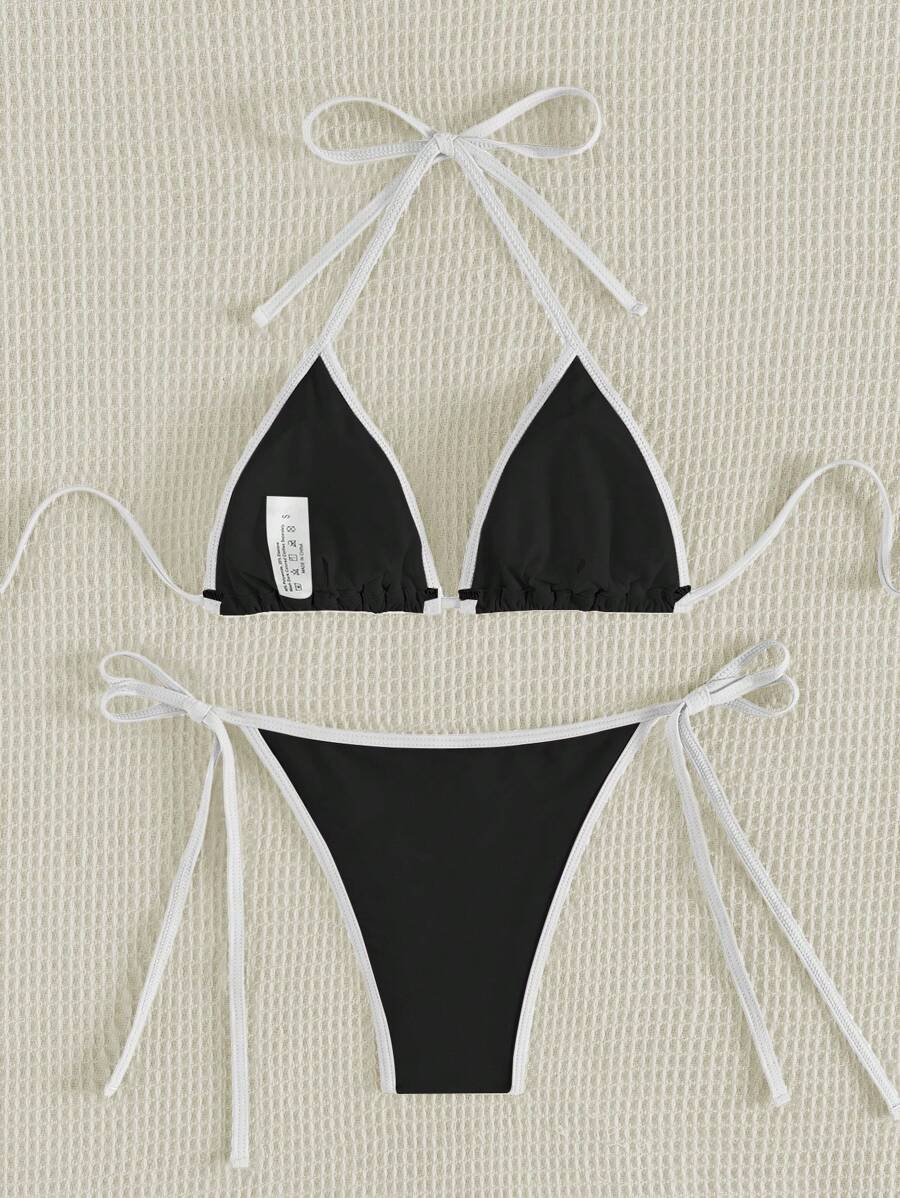 Swim Vcay Women's Summer Beach Contrast Color Halter Tie Sexy Bikini And Triangle Panty Swimwear Set Blue Bikini Yacht Party Outfit Vacation Bikini Boat Party Outfit Women Tie Side Bikini Triangle Bikini Set Light Blue Bikini