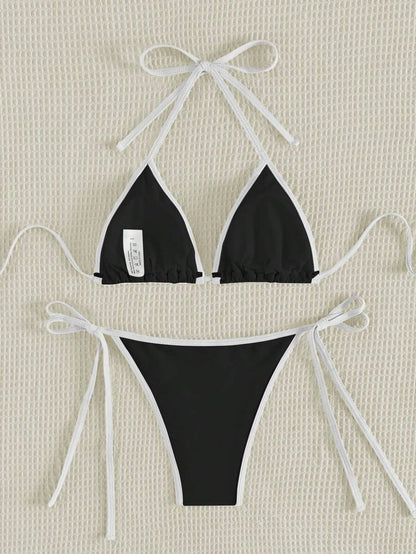 Swim Vcay Women's Summer Beach Contrast Color Halter Tie Sexy Bikini And Triangle Panty Swimwear Set Blue Bikini Yacht Party Outfit Vacation Bikini Boat Party Outfit Women Tie Side Bikini Triangle Bikini Set Light Blue Bikini