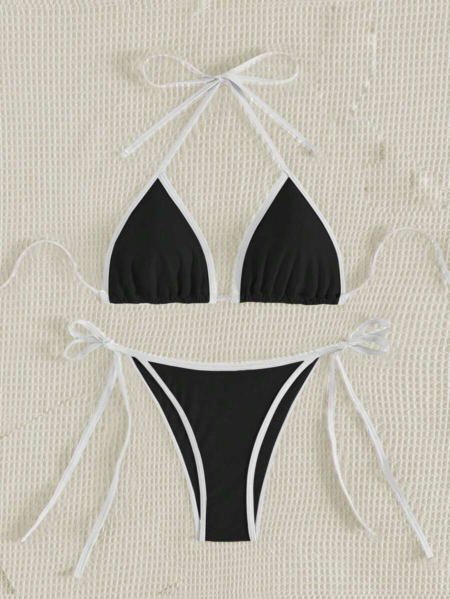 Swim Vcay Women's Summer Beach Contrast Color Halter Tie Sexy Bikini And Triangle Panty Swimwear Set Blue Bikini Yacht Party Outfit Vacation Bikini Boat Party Outfit Women Tie Side Bikini Triangle Bikini Set Light Blue Bikini
