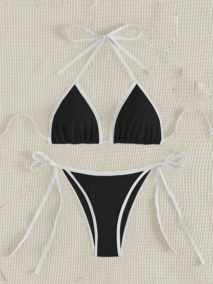 Swim Vcay Women's Summer Beach Contrast Color Halter Tie Sexy Bikini And Triangle Panty Swimwear Set Blue Bikini Yacht Party Outfit Vacation Bikini Boat Party Outfit Women Tie Side Bikini Triangle Bikini Set Light Blue Bikini