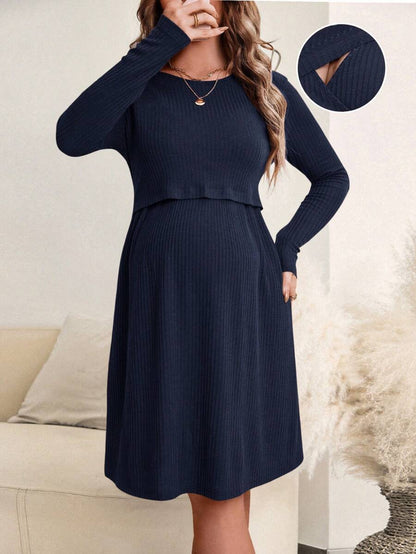 Maternity Ribbed Nursing Dress - Round Neck, Long Sleeve, Flared Hem, Loose Fit, Green