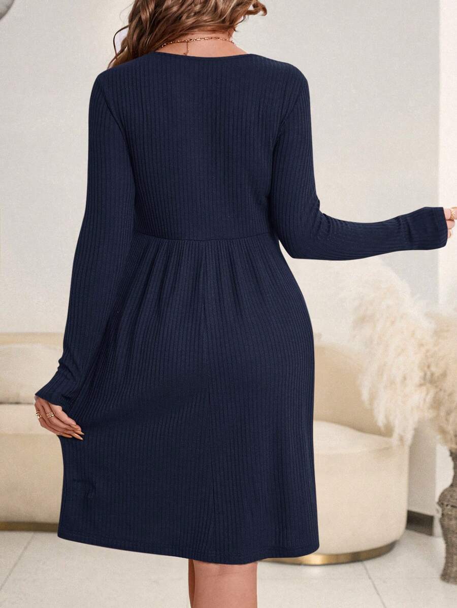 Maternity Ribbed Nursing Dress - Round Neck, Long Sleeve, Flared Hem, Loose Fit, Green