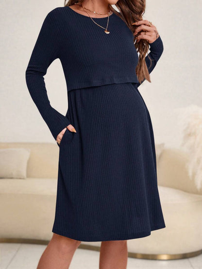 Maternity Ribbed Nursing Dress - Round Neck, Long Sleeve, Flared Hem, Loose Fit, Green