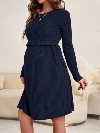 Maternity Ribbed Nursing Dress - Round Neck, Long Sleeve, Flared Hem, Loose Fit, Green