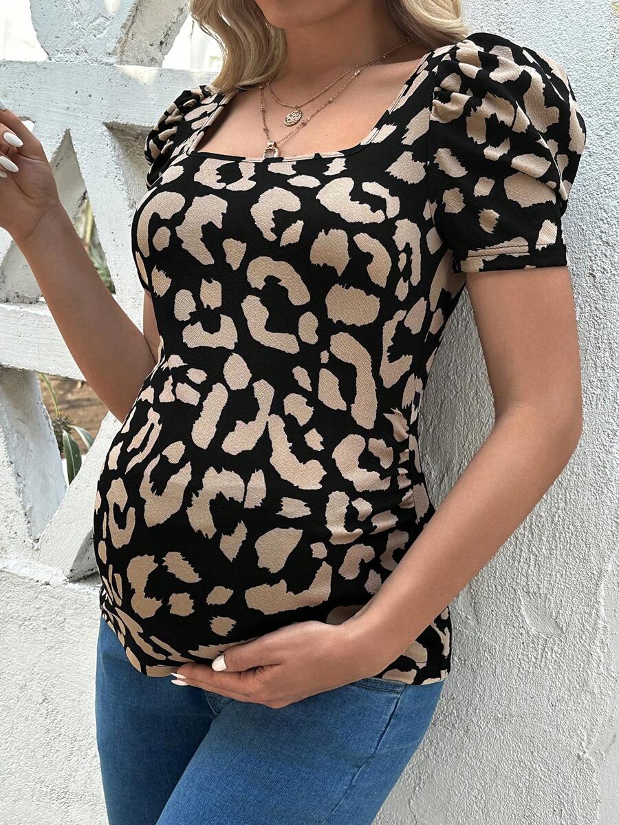 Maternity Leopard Print Square Neck Puff Sleeve Slim Fit T-Shirt Casual Black Maternity Top for Daily Wear