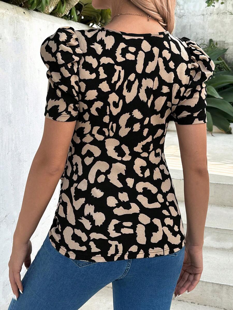 Maternity Leopard Print Square Neck Puff Sleeve Slim Fit T-Shirt Casual Black Maternity Top for Daily Wear