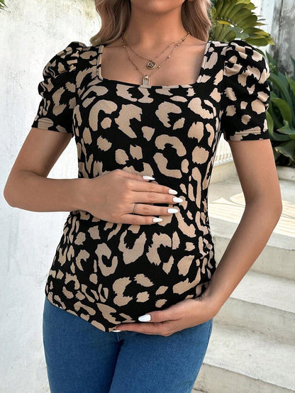 Maternity Leopard Print Square Neck Puff Sleeve Slim Fit T-Shirt Casual Black Maternity Top for Daily Wear