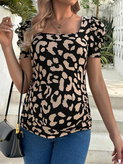 Maternity Leopard Print Square Neck Puff Sleeve Slim Fit T-Shirt Casual Black Maternity Top for Daily Wear
