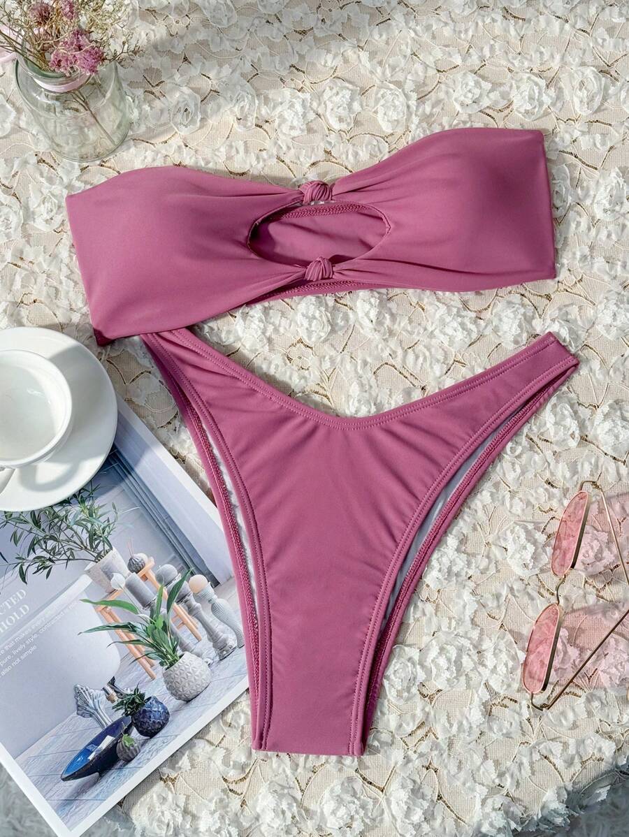 Swim Vcay Solid Color Bikini Swimming Suit For Beach Vacation, Strapless, Wireless For Summer
