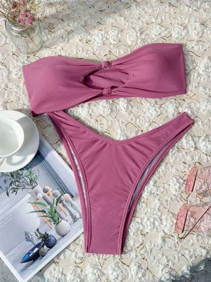 Swim Vcay Solid Color Bikini Swimming Suit For Beach Vacation, Strapless, Wireless For Summer
