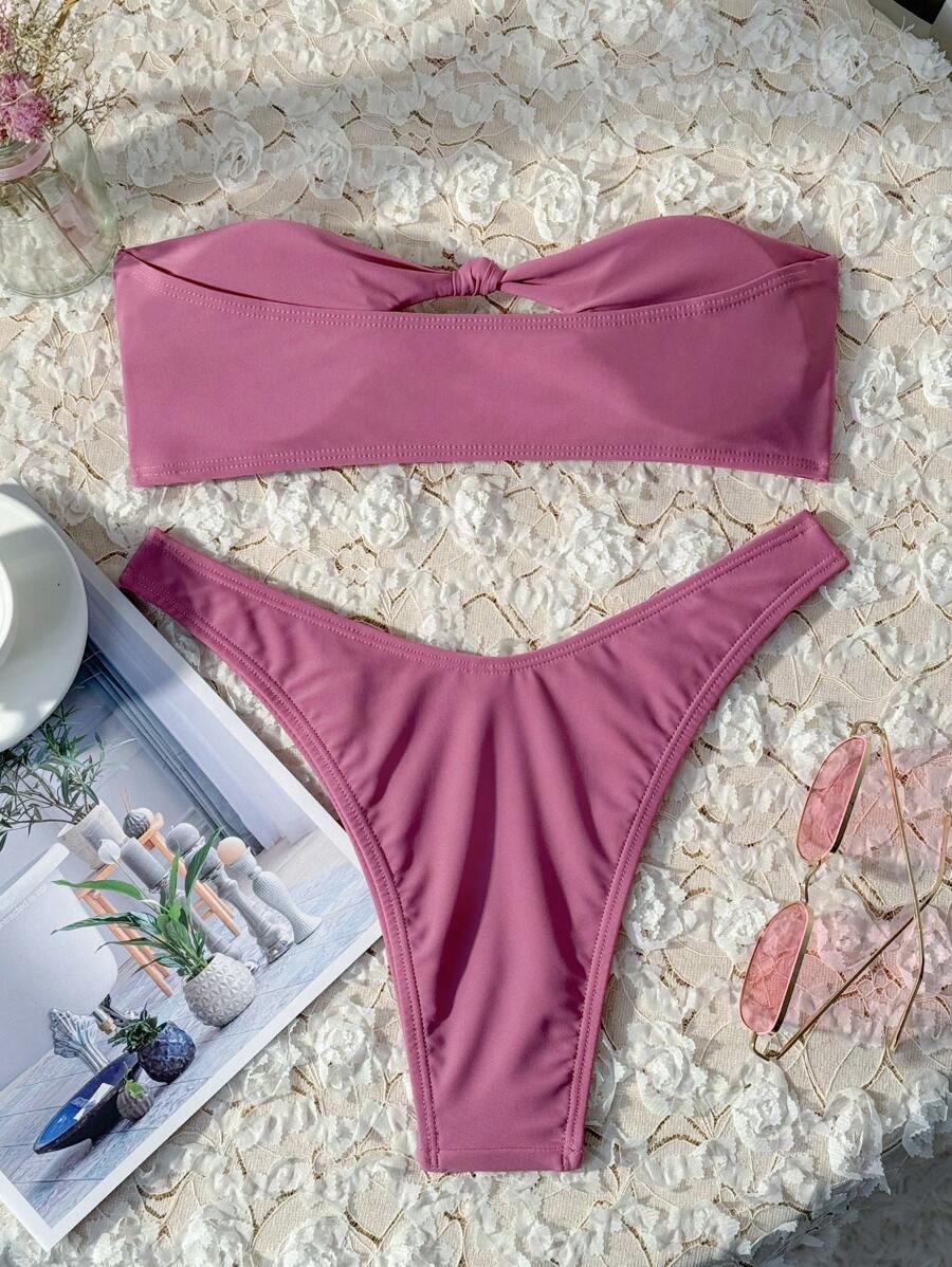 Swim Vcay Solid Color Bikini Swimming Suit For Beach Vacation, Strapless, Wireless For Summer