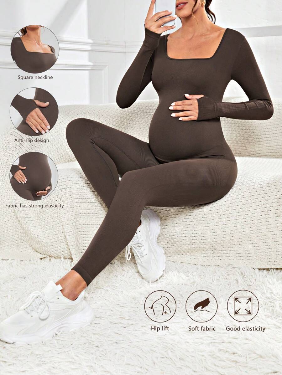 Pregnant Women's Ribbed Round Neck Jumpsuit For Maternity With Long Sleeve