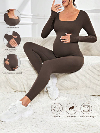 Pregnant Women's Ribbed Round Neck Jumpsuit For Maternity With Long Sleeve