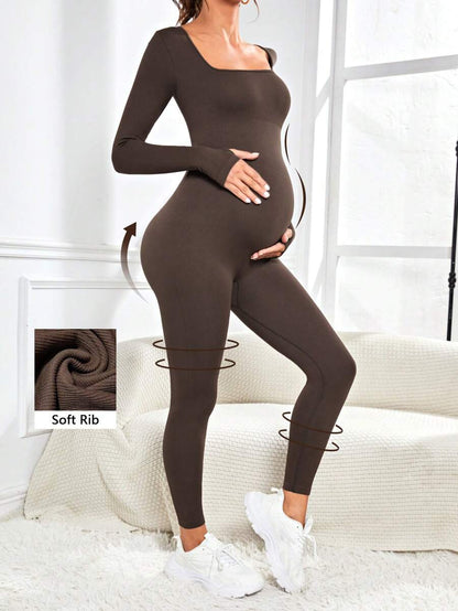 Pregnant Women's Ribbed Round Neck Jumpsuit For Maternity With Long Sleeve