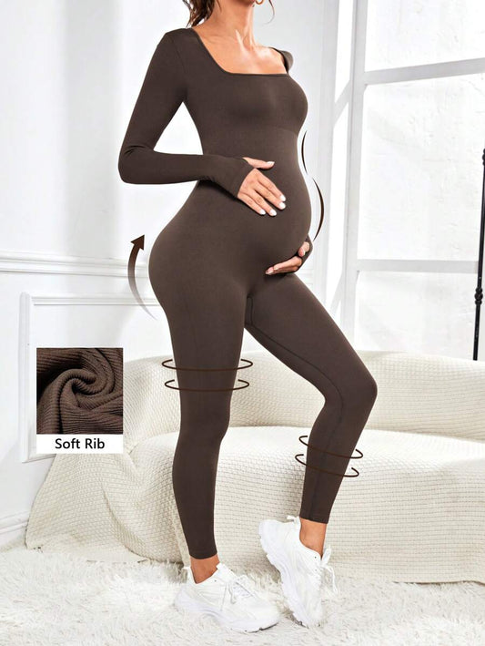Pregnant Women's Ribbed Round Neck Jumpsuit For Maternity With Long Sleeve
