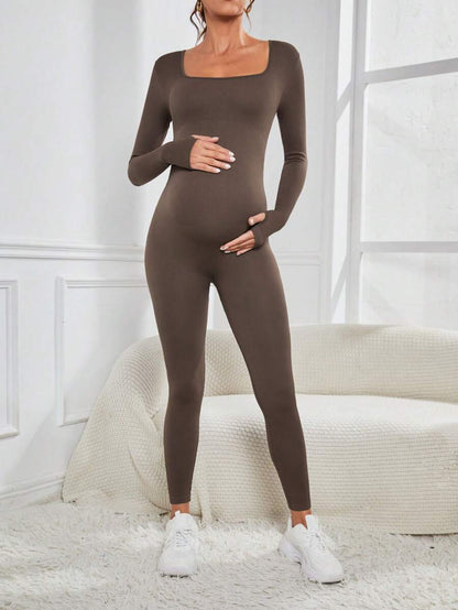 Pregnant Women's Ribbed Round Neck Jumpsuit For Maternity With Long Sleeve