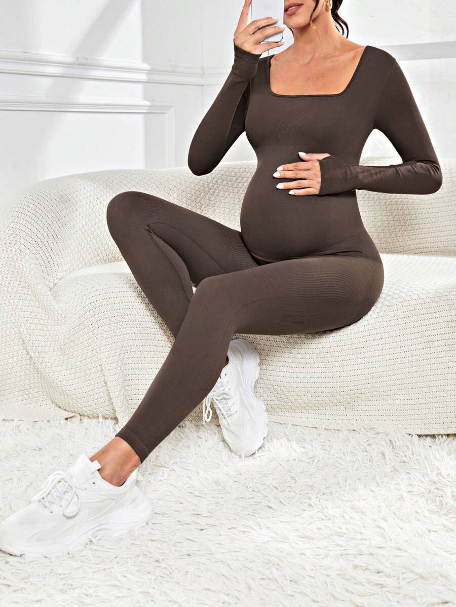 Pregnant Women's Ribbed Round Neck Jumpsuit For Maternity With Long Sleeve