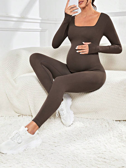 Pregnant Women's Ribbed Round Neck Jumpsuit For Maternity With Long Sleeve