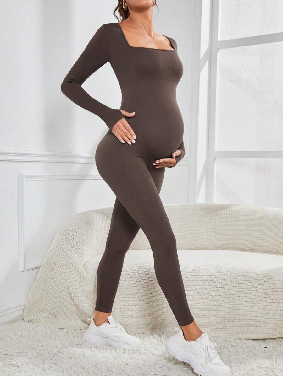 Pregnant Women's Ribbed Round Neck Jumpsuit For Maternity With Long Sleeve