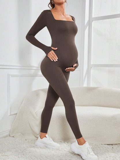 Pregnant Women's Ribbed Round Neck Jumpsuit For Maternity With Long Sleeve