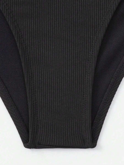 Women's Halter Neck Tie Bikini Set - Lace Up, High Waist, Solid Black