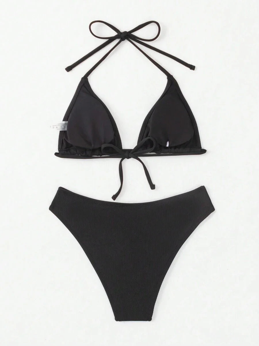 Women's Halter Neck Tie Bikini Set - Lace Up, High Waist, Solid Black