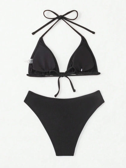 Women's Halter Neck Tie Bikini Set - Lace Up, High Waist, Solid Black