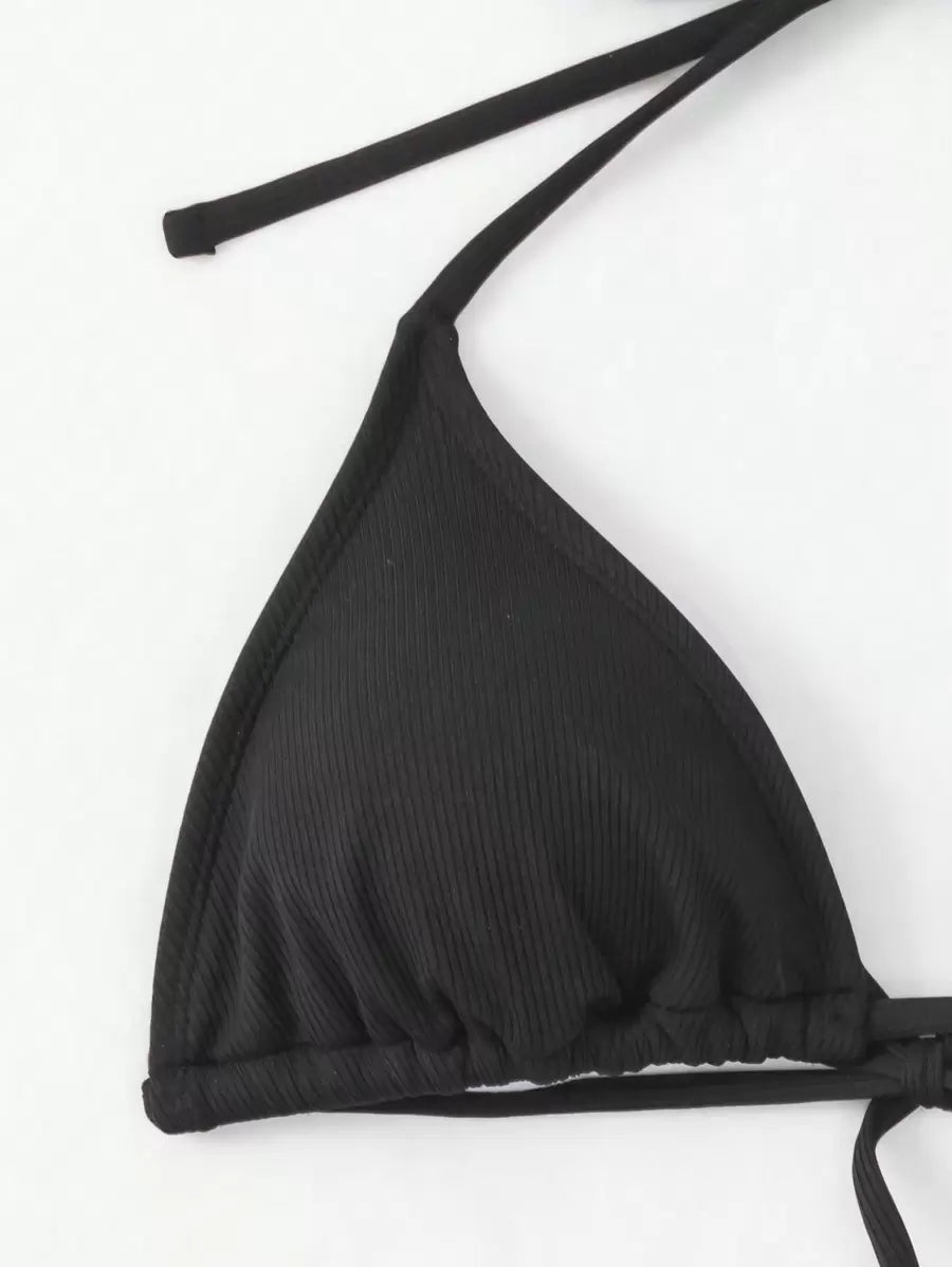 Swim Vcay Women's Summer New Contrast Color Striped Sexy Halter Triangle Cup Bikini Set