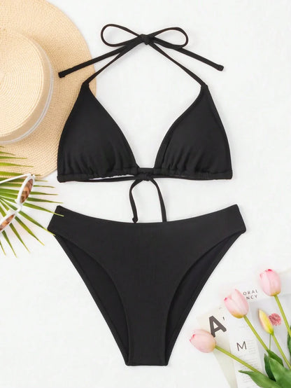 Swim Vcay Women's Summer New Contrast Color Striped Sexy Halter Triangle Cup Bikini Set