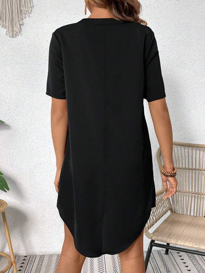 Maternity Notched Collar Short Sleeve Black Tunic Dress with Asymmetrical Slit Hem - Casual Loose Fit Woven Maternity Mini Dress