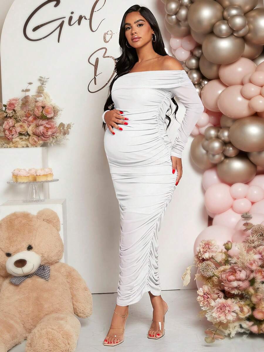 Maternity Solid Ruched Off Shoulder Long Sleeve Bodycon Dress for Baby Shower Green