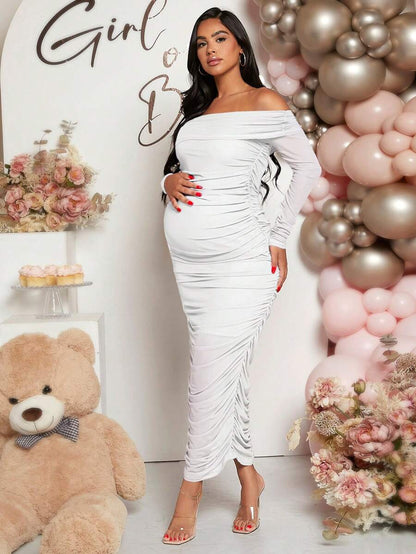 Maternity Solid Ruched Off Shoulder Long Sleeve Bodycon Dress for Baby Shower Green