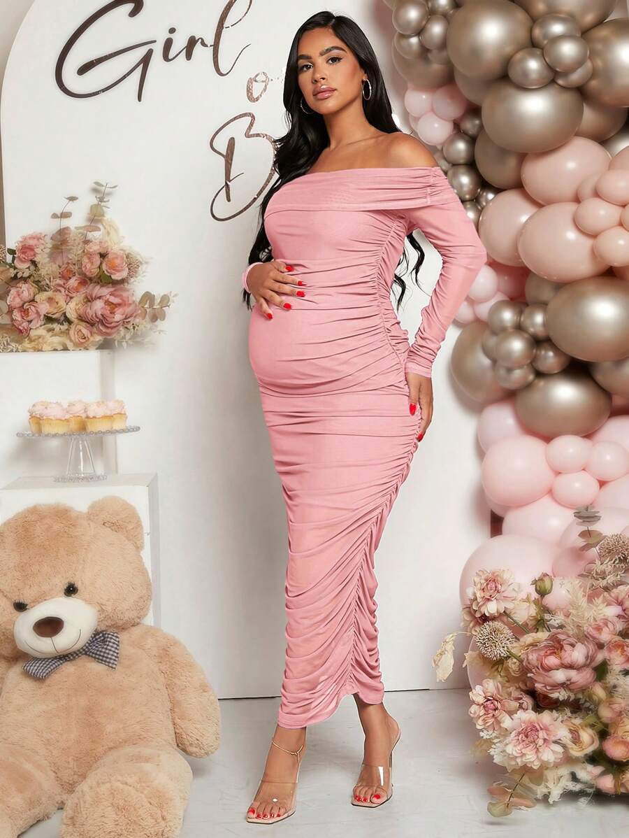 Maternity Solid Ruched Off Shoulder Long Sleeve Bodycon Dress for Baby Shower Green