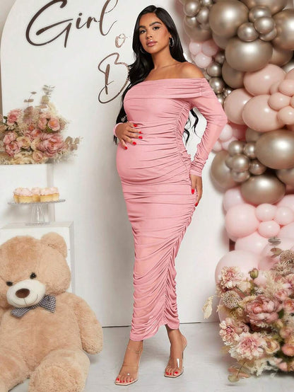Maternity Solid Ruched Off Shoulder Long Sleeve Bodycon Dress for Baby Shower Green