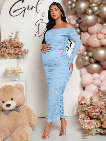 Maternity Solid Ruched Off Shoulder Long Sleeve Bodycon Dress for Baby Shower Green
