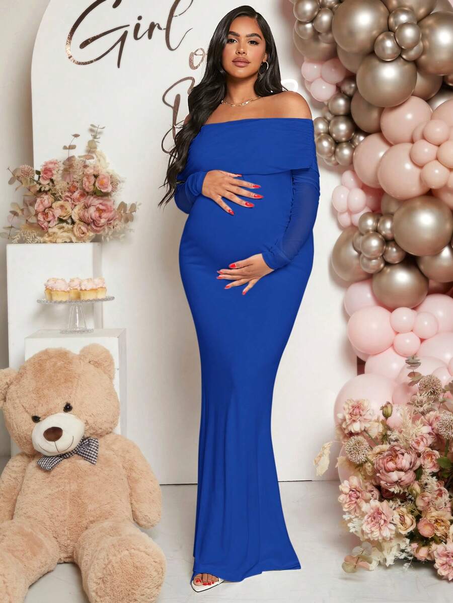 Maternity Off Shoulder Ruched Hem Dress Solid Color Slim Fit Pregnancy Gown for Baby Shower Gender Reveal Party Wedding Guest Summer