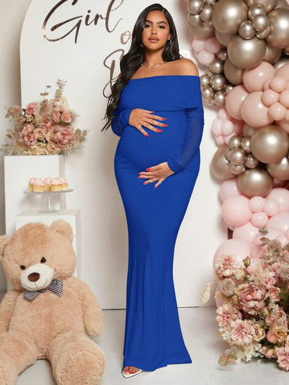 Pregnant Women Off-Shoulder Fishtail Baby Shower Long Sleeve Dress For Maternity