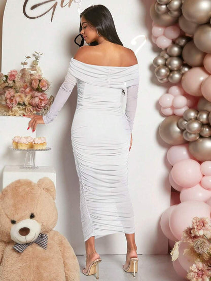 Maternity Solid Ruched Off Shoulder Long Sleeve Bodycon Dress for Baby Shower Green
