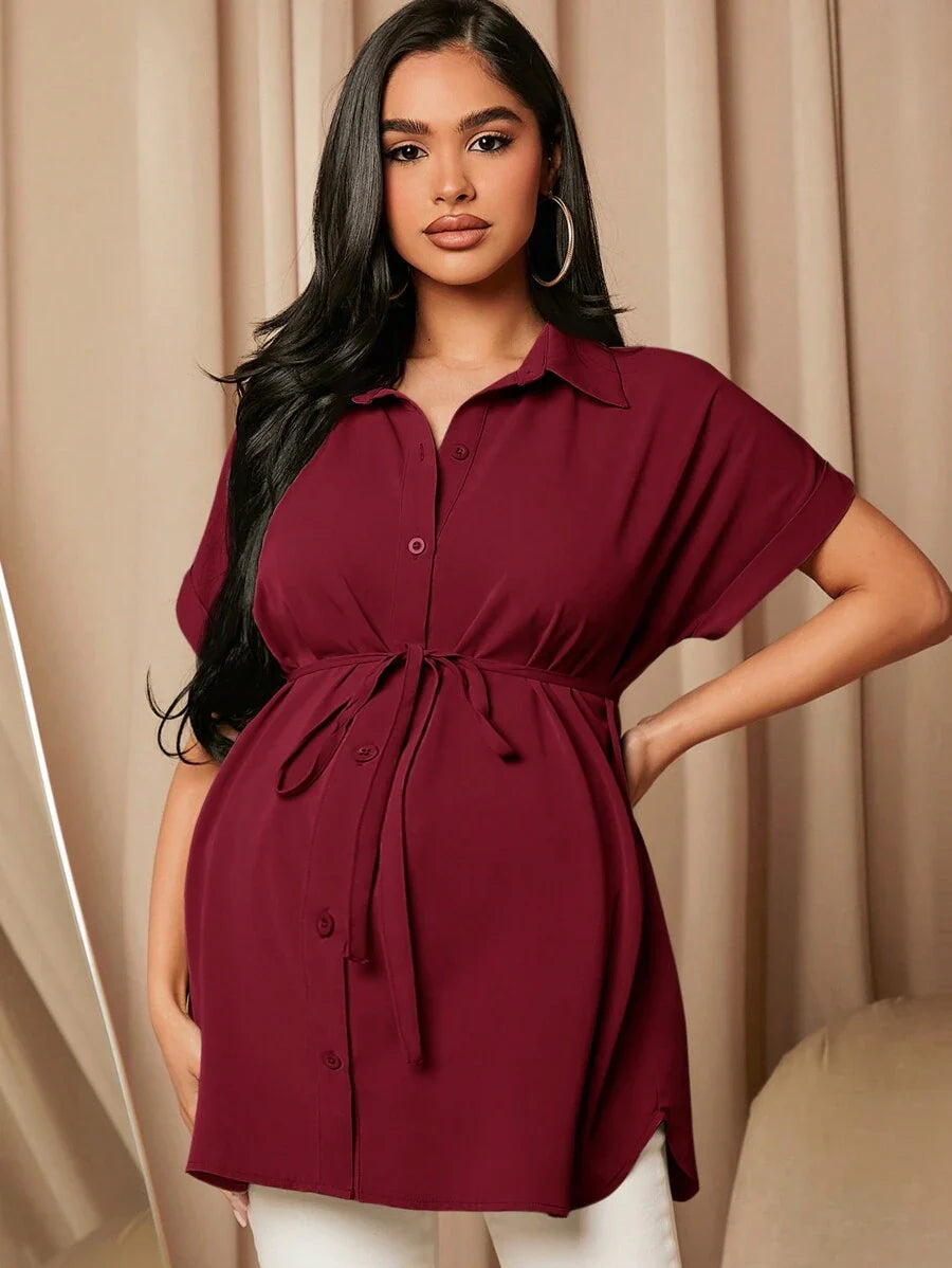 Maternity Batwing Sleeve Belted Shirt - Asymmetrical Button Down Maternity Blouse for Daily Office Wear