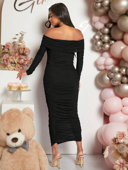 Maternity Solid Ruched Off Shoulder Long Sleeve Bodycon Dress for Baby Shower Green