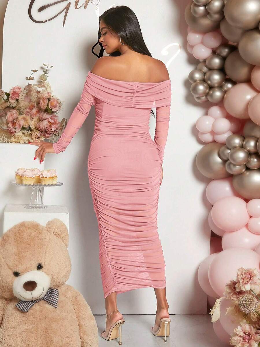 Maternity Solid Ruched Off Shoulder Long Sleeve Bodycon Dress for Baby Shower Green