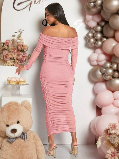 Maternity Solid Ruched Off Shoulder Long Sleeve Bodycon Dress for Baby Shower Green